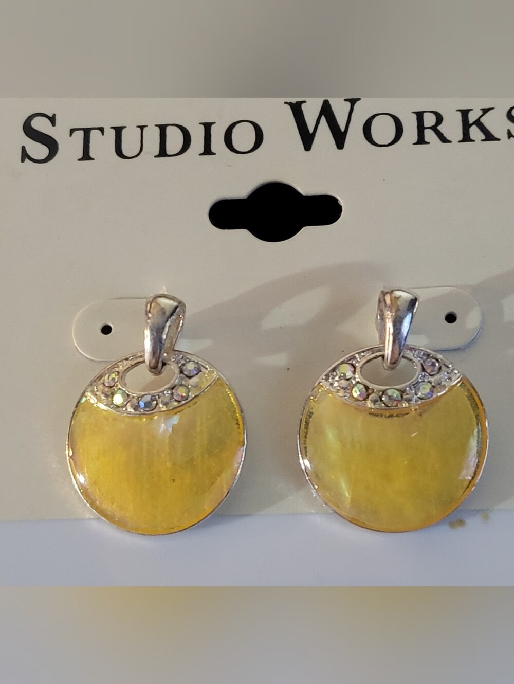 Lovely Studio Works Silver Tone Sunny Yellow Resin & Rhinestone Drop Earrings